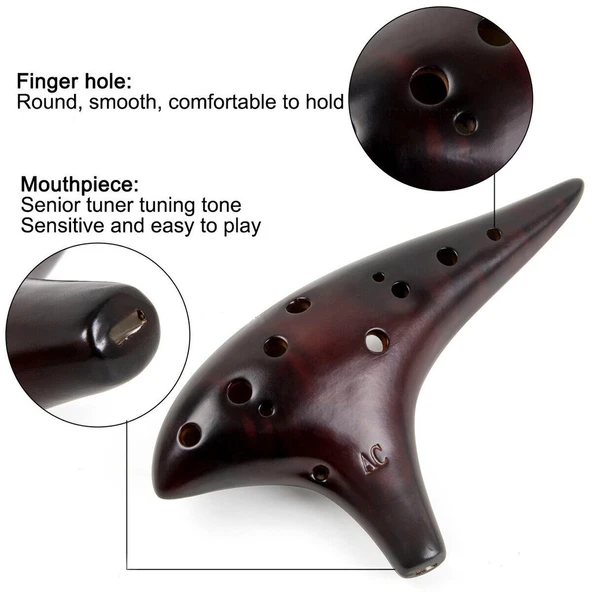 12 Delikli Alto C Seramik Ocarina Flüt - Kahverengi - 5