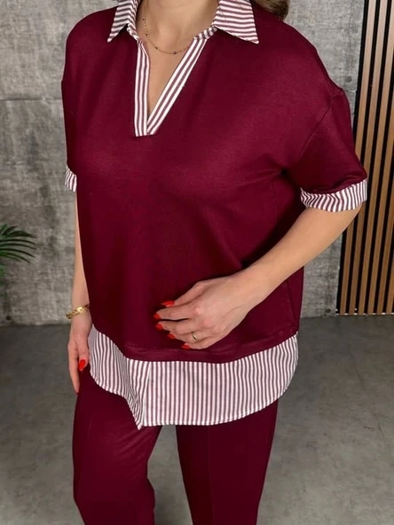 Kadın Modal Kumaş çizgili Gömlek Yaka Ikili Takım - 3