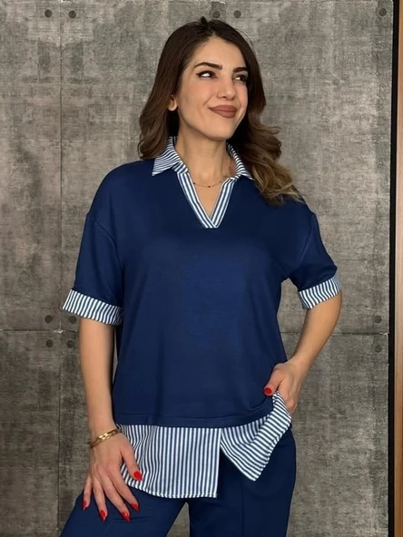 Kadın Modal Kumaş çizgili Gömlek Yaka Ikili Takım - 2