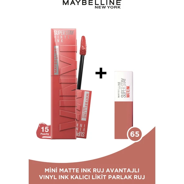 Super Stay Vinyl Ink Uzun Süre Kalıcı Likit Parlak Ruj 15 Peachy + Mini Matte Ink Likit Mat Ruj - 65 Seductress