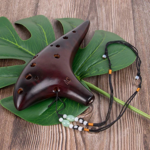 12 Delikli Alto C Seramik Ocarina Flüt - Kahverengi - 3