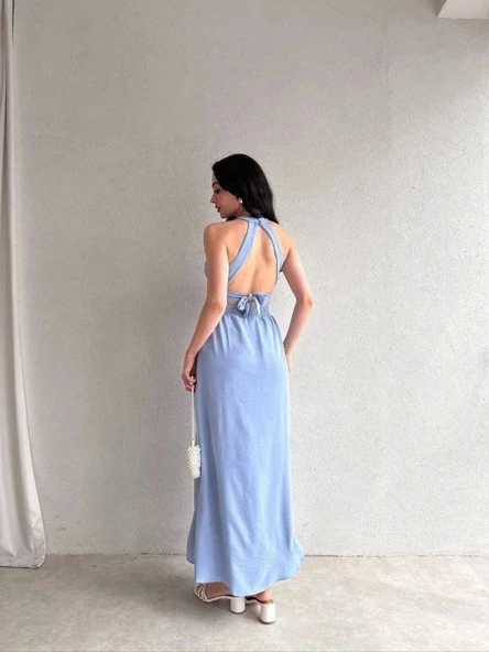 Kadın Krinkil Kumaş Beli Gipeli Halter Yaka Maxi Boy Elbise - 2
