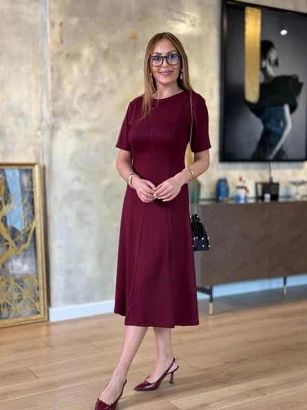 Kadın Kısa Kollu Bisiklet Yaka Midi Viskon Iki Iplik Elbise - 3