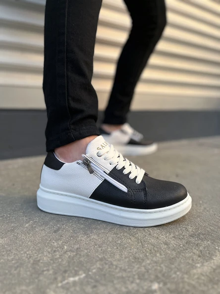 Warrior Bağcıklı ve Fermuarlı Cilt Erkek Günlük Sneaker Ayakkabı CBT - Beyaz/Siyah