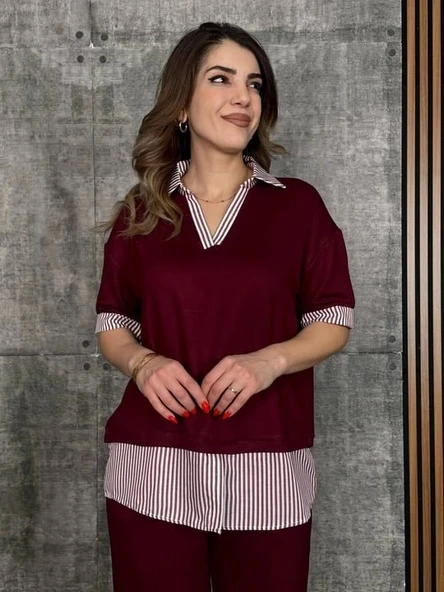 Kadın Modal Kumaş çizgili Gömlek Yaka Ikili Takım - 4