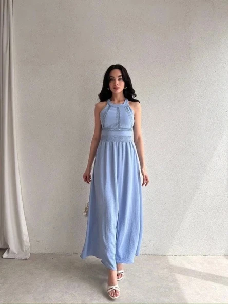 Kadın Krinkil Kumaş Beli Gipeli Halter Yaka Maxi Boy Elbise