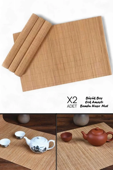 Tilbe Home 2li Naturel Bambu Hasır Banyo Matı Kaydırmaz Çamaşır Makine Örtüsü Mutfak Bulaşık Matı Su Geçirmez