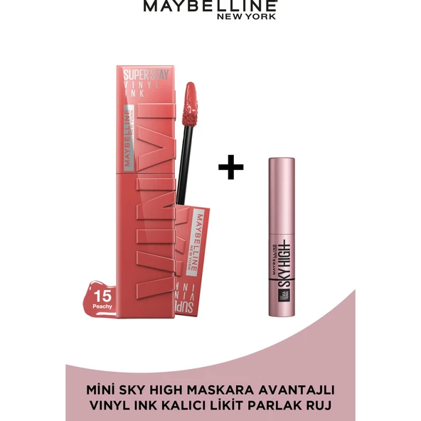 Super Stay Vinyl Ink Uzun Süre Kalıcı Likit Parlak Ruj 15 Peachy + Sky High Mini Maskara