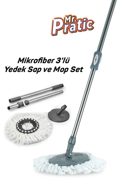 3'lü Set 360 Derece Döner Set Uyumlu Temizlik Seti Yedek Sap Başlık Mikrofiber Paspas Ve Mop