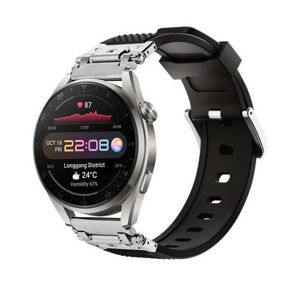 Huawei Watch 4/4 Pro Metal Silikon Kordon - Gümüş Siyah