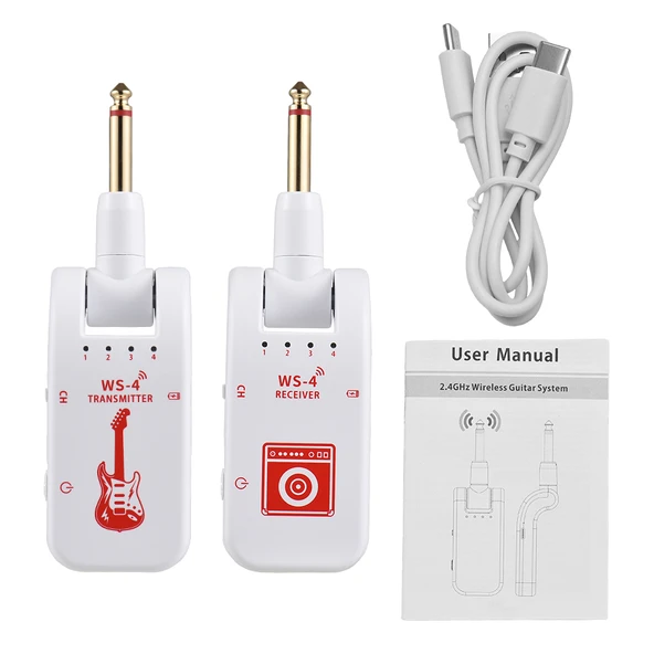 2.4G Kablosuz Gitar Sistemi - Şarj Edilebilir Verici Alıcı - Elektro Gitar Bas için - Beyaz