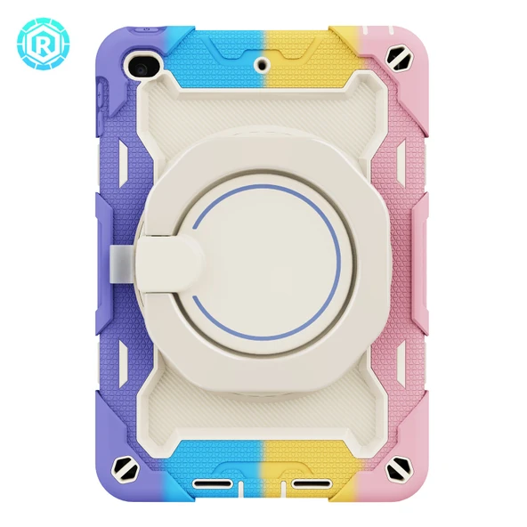 iPad Mini 4/5 7.9 inç Darbeye Dayanıklı Kılıf - Gökkuşağı Pembe - Döner Halkalı