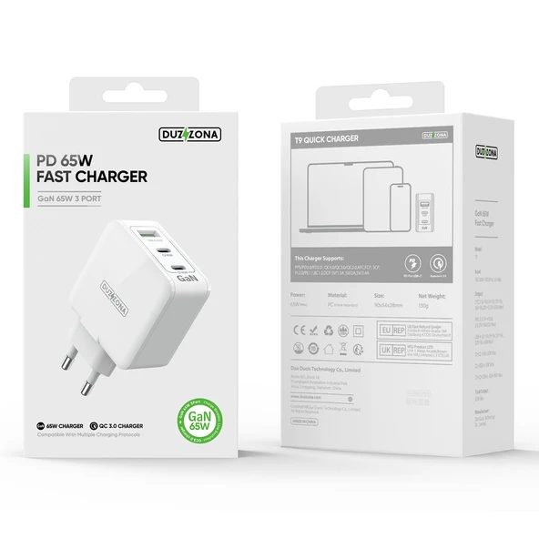 65W 3 Portlu USB-C Hızlı Şarj Aleti - Beyaz - 10
