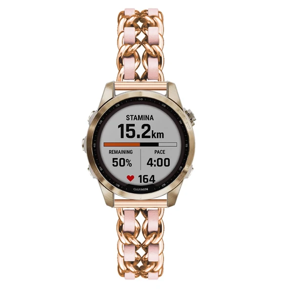 Garmin Fenix 6S Pro/Sapphire/Solar Uyumlu Deri Metal Kordon - Şampanya Pembe