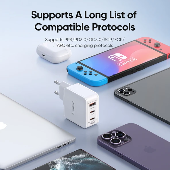 65W 3 Portlu USB-C Hızlı Şarj Aleti - Beyaz - 9