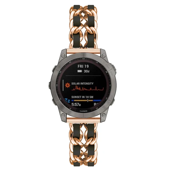 Garmin Fenix 5X/5X Plus için Metal Deri Yedek Kayış - Şampanya Siyah - 1
