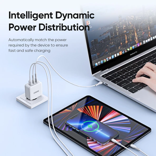 65W 3 Portlu USB-C Hızlı Şarj Aleti - Beyaz - 6