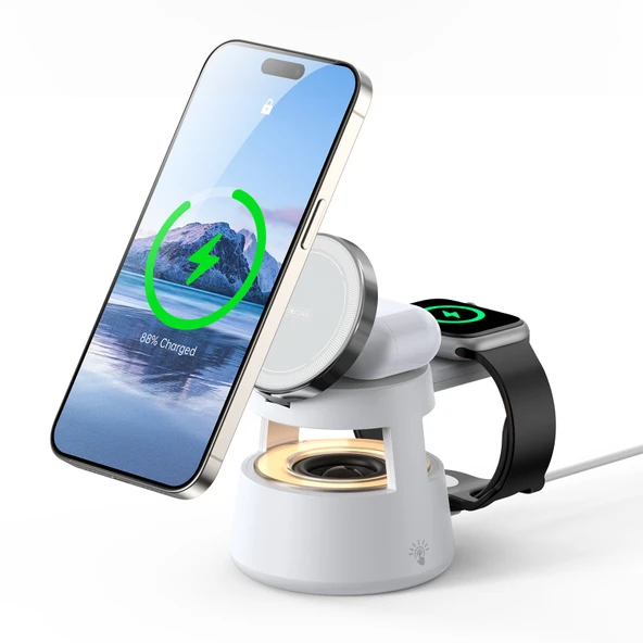 3'ü 1 Arada Kablosuz Şarj İstasyonu - iPhone, Apple Watch, AirPods - Beyaz - 4