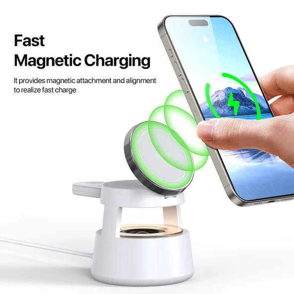 3'ü 1 Arada Kablosuz Şarj İstasyonu - iPhone, Apple Watch, AirPods - Beyaz - 6