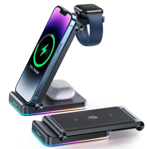 3'ü 1 Arada Katlanabilir Kablosuz Şarj İstasyonu - iPhone, Apple Watch, AirPods