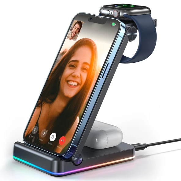 3'ü 1 Arada Katlanabilir Kablosuz Şarj İstasyonu - iPhone, Apple Watch, AirPods - 7