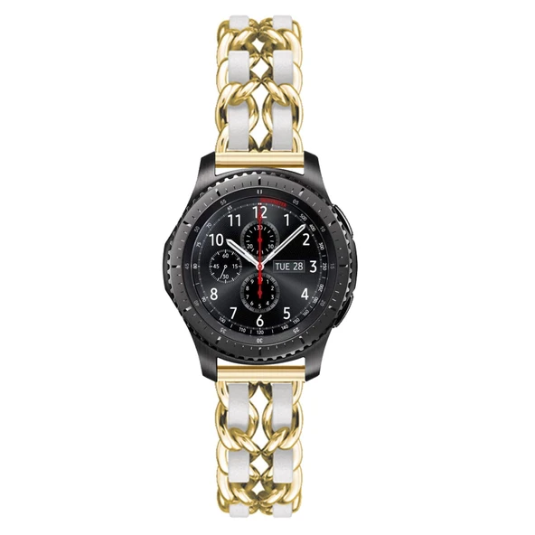 Metal Deri Samsung Galaxy Watch 46mm Kordon - Altın Sarı Beyaz