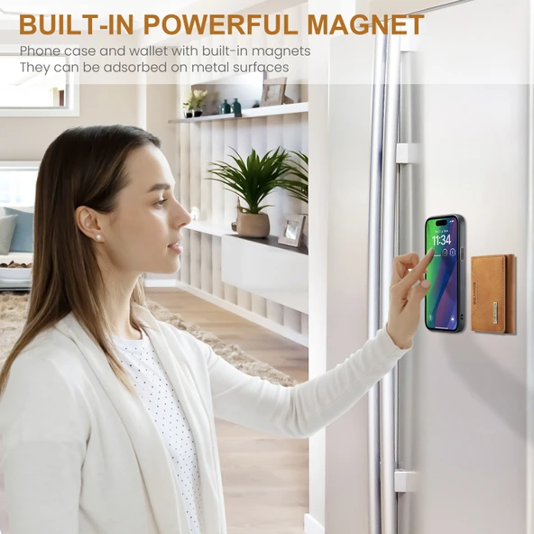 iPhone 14 İki-in-Bir Kartlıklı Manyetik Cüzdanlı Deri Kılıf - Haki - 7