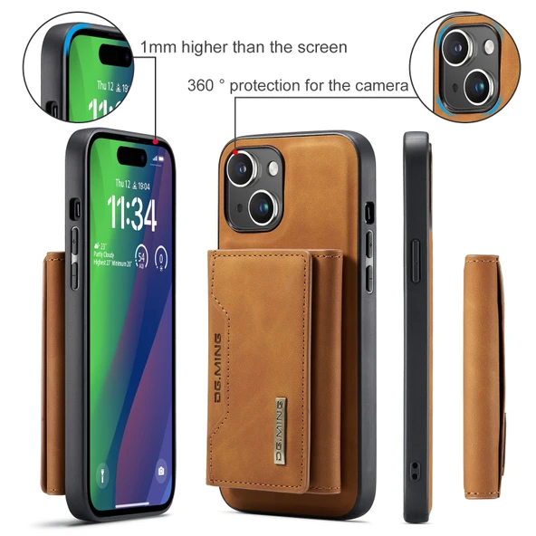 iPhone 14 İki-in-Bir Kartlıklı Manyetik Cüzdanlı Deri Kılıf - Haki - 10