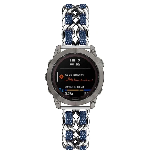 Garmin Descent Mk1/Mk2i/Mk2 Uyumlu Metal Deri Kayış - Gümüş Mavi