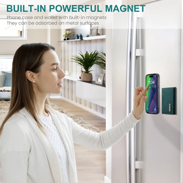 iPhone 14 İki-in-Bir Kartlıklı Manyetik Cüzdanlı Deri Kılıf - Yeşil - 7
