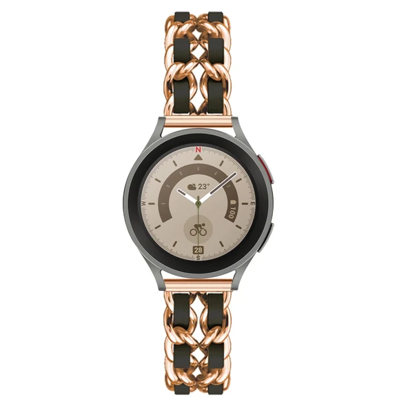Samsung Galaxy Watch 5 Pro 45mm için Metal Deri Kordon - Şampanya Siyah