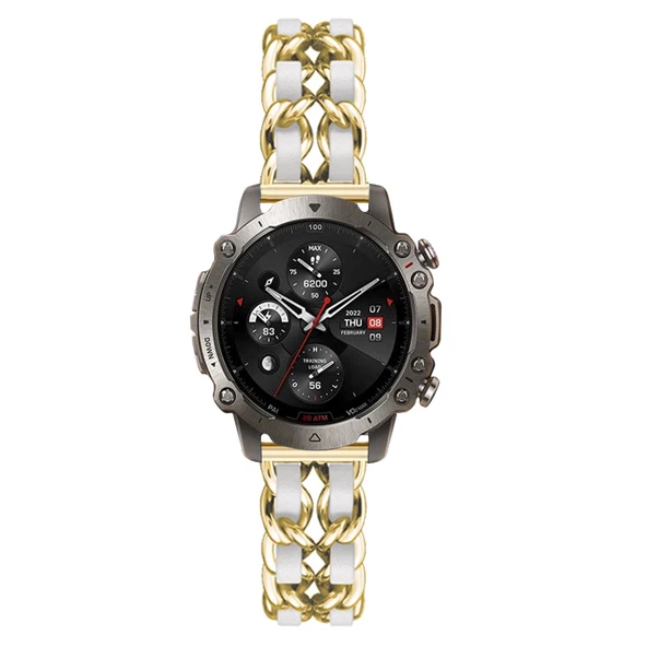 Amazfit Falcon Uyumlu Metal Deri Kordon - Altın Sarı Beyaz