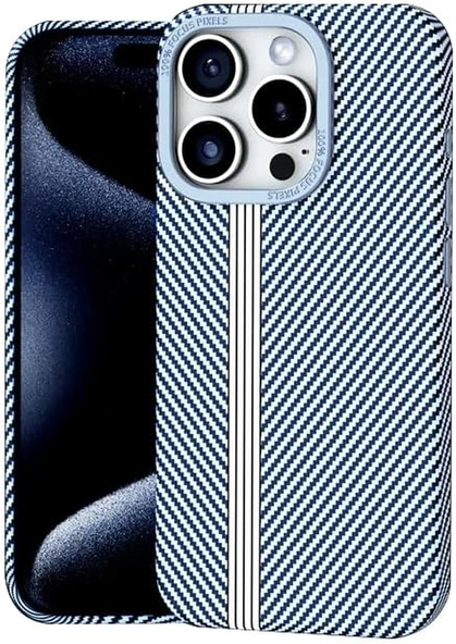 Karbon Fiber Desenli iPhone 15 Pro Max Kılıf - Açık Mavi