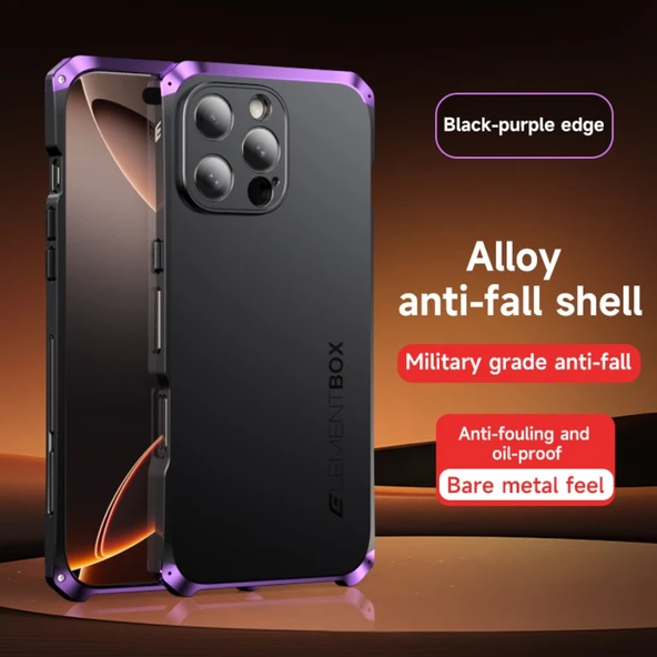 iPhone 13 Pro Max Alüminyum Bumper Kılıf - Siyah-Mor Kenar