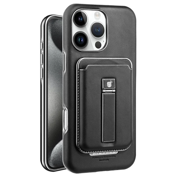 iPhone 15 Pro Manyetik Çıkarılabilir Deri Cüzdanlı Standlı Kılıf - Siyah