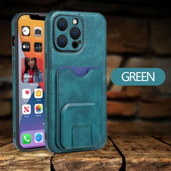 iPhone 15 Plus Uyumlu Kartlıklı Deri Cüzdan Kılıf - Yeşil
