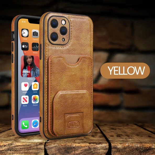 iPhone 14 Uyumlu Kartlıklı ve Standlı Deri Cüzdan Kılıf - Kahverengi