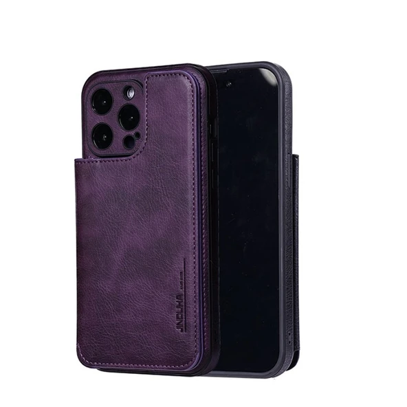 iPhone 14 Pro Mor TPU Deri Cüzdan Kılıf - Kartlıklı ve Standlı (6.1 inç)