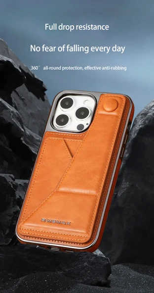 iPhone 13 Uyumlu Kartlıklı ve Standlı Deri Cüzdan Kılıf - Kahve - 3