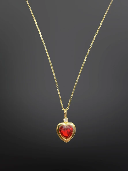 Kırmızı Taşlı Kalp Model Antialerjik, 316L Çelik Gold Renk Kolye - Tutkunun Simgesi ürün görseli 1