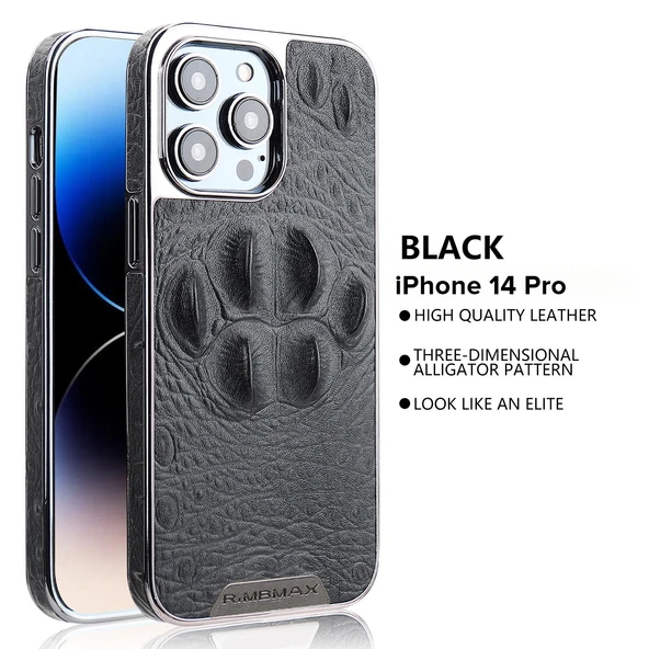 Timsah Desenli Deri iPhone 14 Pro Kılıf - Siyah