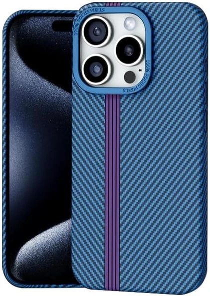 Karbon Fiber Desenli iPhone 13 Pro Koyu Mavi İnce Metal Çerçeveli Manyetik Kılıf