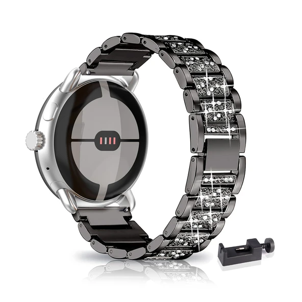 Siyah Taşlı Paslanmaz Çelik Google Pixel Watch Kordonu