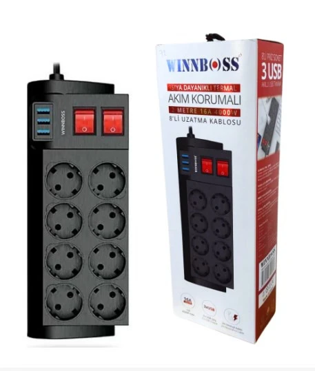 Winnboss PRIZ AKIM KORUMA (8 PRİZ 3 USB) 2m (CIFT ANAHTAR) - 1