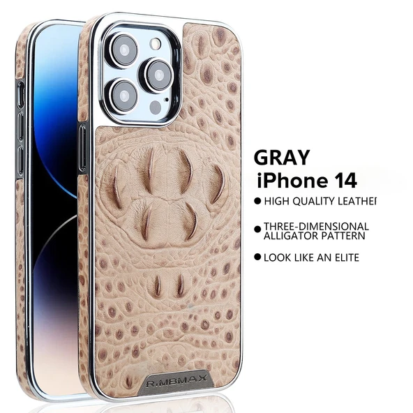 iPhone 14 Timsah Desenli Hakiki Deri Telefon Kılıfı - Haki