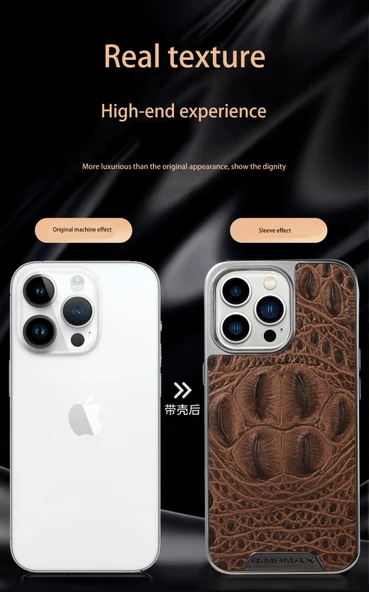 iPhone 14 Timsah Desenli Hakiki Deri Telefon Kılıfı - Haki - 3