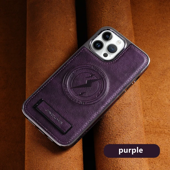 iPhone 15 Plus Standlı Deri Kılıf - Mor