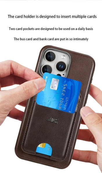 iPhone 16 Pro Uyumlu Deri Cüzdan Kılıf - Kahverengi - 7