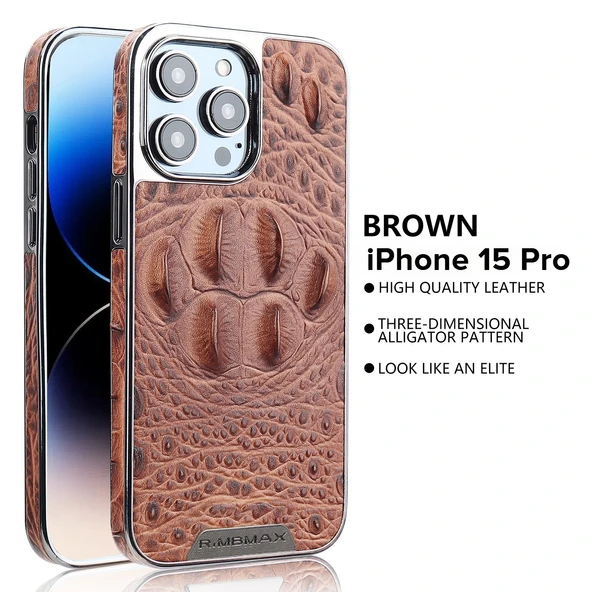 iPhone 15 Pro Timsah Desenli Deri Kılıf - Kahverengi