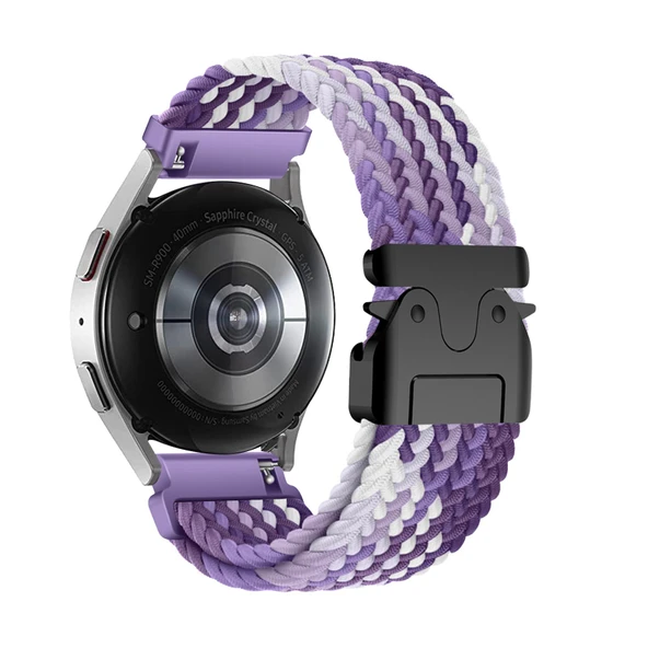 Samsung Galaxy Watch FE Uyumlu Mor Beyaz Elastik Naylon Spor Kordon